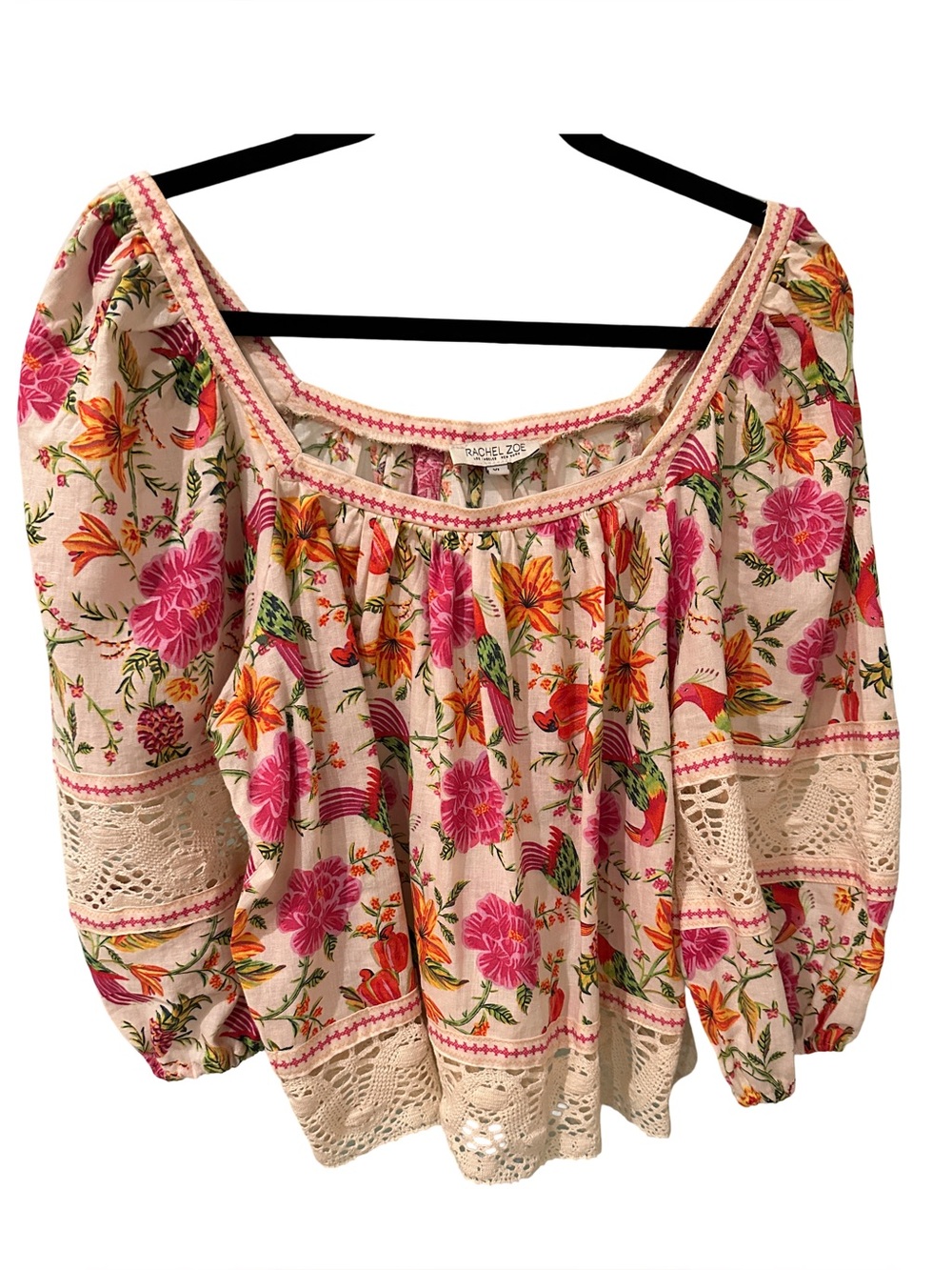 Rachel Zoe Pink and Orange Floral Crochet-Trim Peasant Blouse